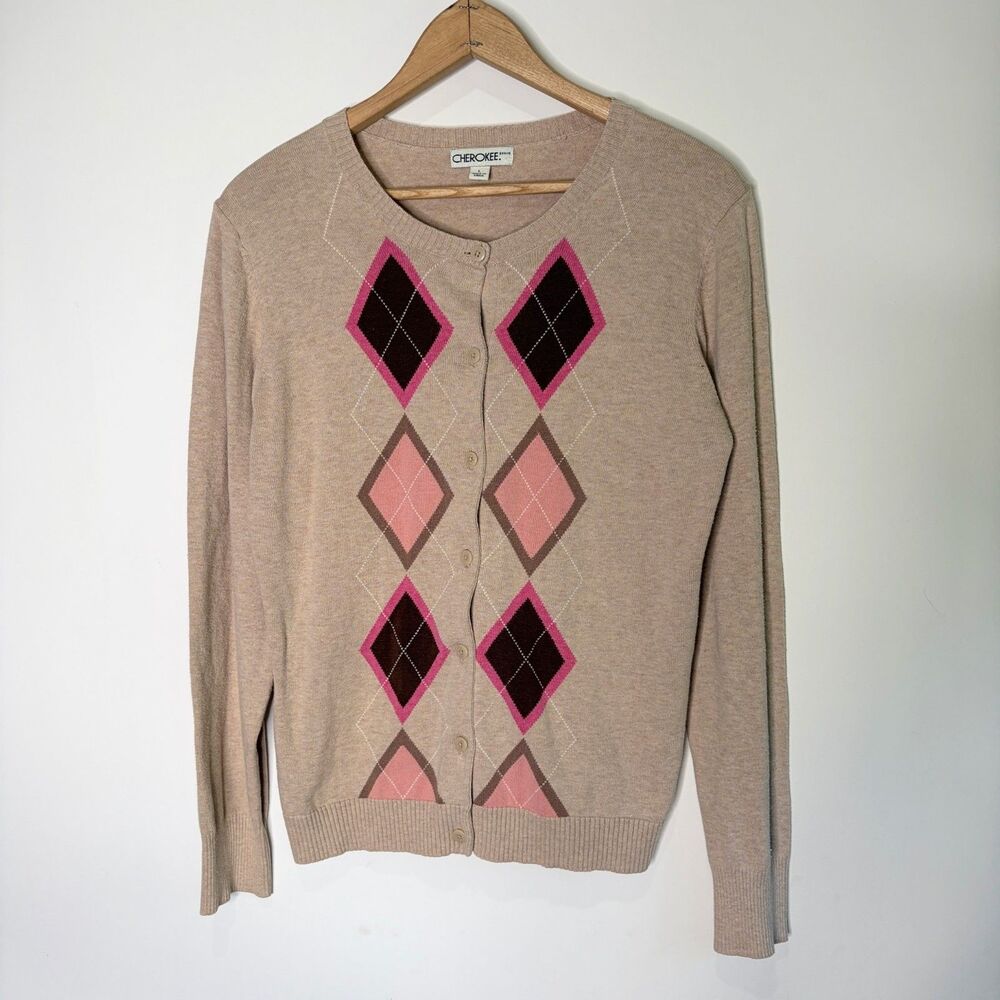 Vintage Cherokee Argyle Cardigan Sweater Tan Pink Y2K Preppy Academia Women L